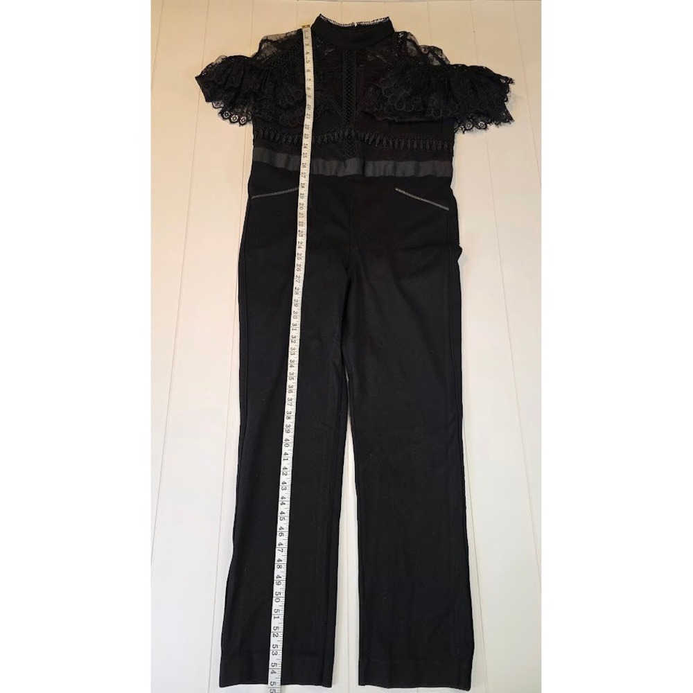 Self-Portrait Sz 10 Fine Lace Paneled Jumpsuit Black High Neck Ruffle Taper Leg - Picture 14 of 14